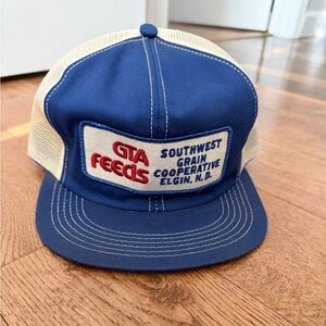 Vintage GTA Feeds Patch Blue 80s USA Trucker Snapback Hat grain Co-Op ND